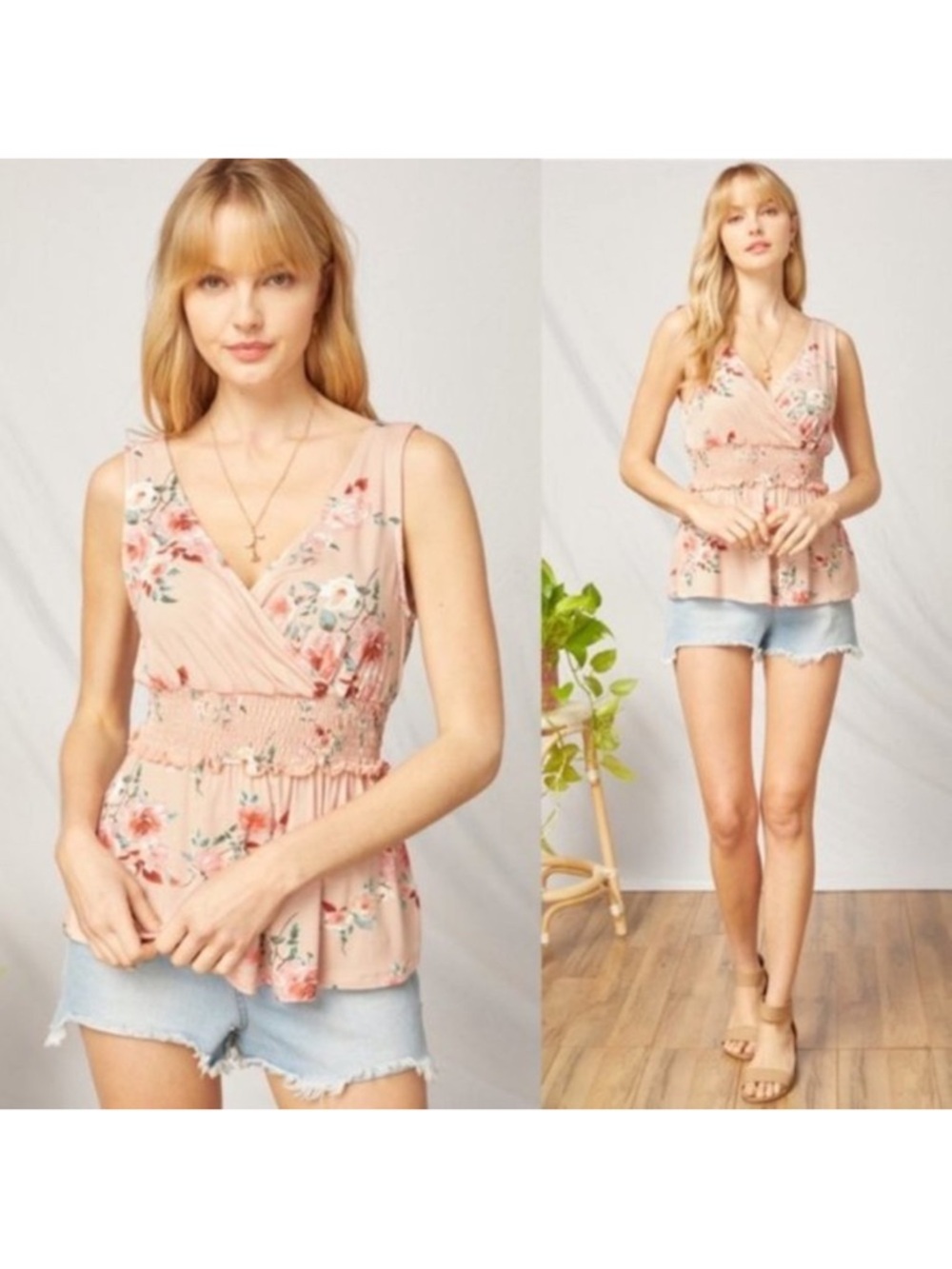 Entro | Ellie Floral Print Surplice Sleeveless Smocked Top Ruffle Cottage Small
